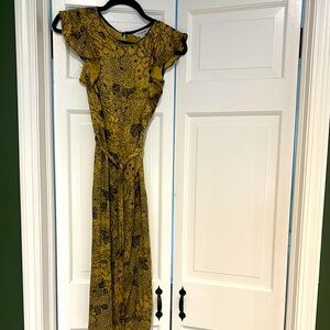 LK Bennett Yellow and Black Tie Front Maxi Dress with Flutter Cap Sleeves